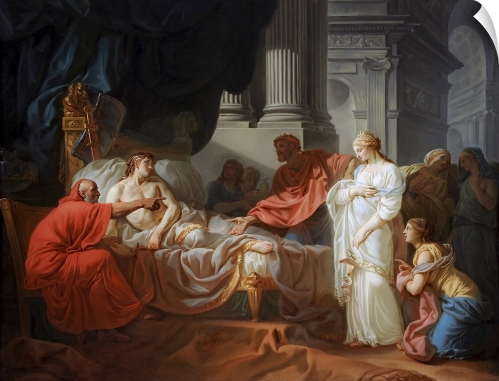 Vintage painting of Antiochus ill in bed as his doctor, Erasistratus, discovers his love for his new mother Stratonice of ...