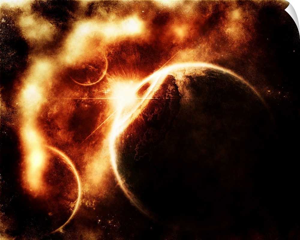 Apocalyptic view on a solar system which is being destroyed by merciless elements.