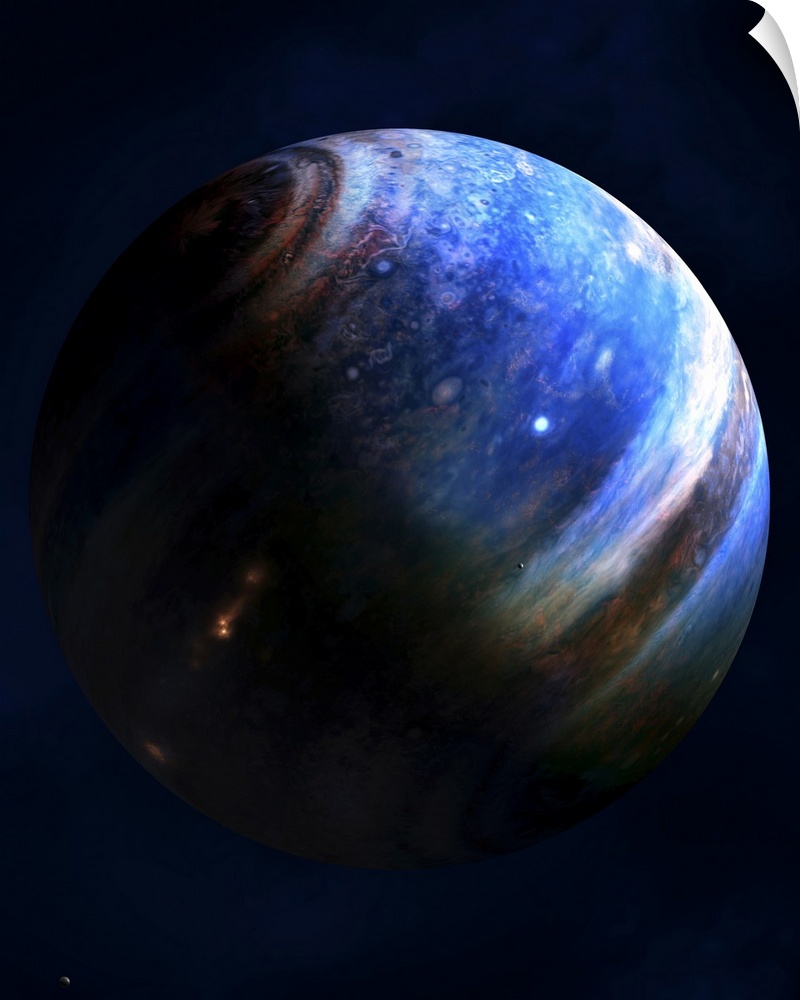 Artist's concept of an Extrasolar Gas Giant with two of its' many moons. It is comparable to Jupiter in size and mass. On ...