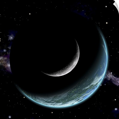 Artist's depiction of an Earth-like world with a large rocky moon orbiting