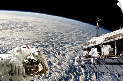 Astronauts performing work on a space station while orbiting Earth
