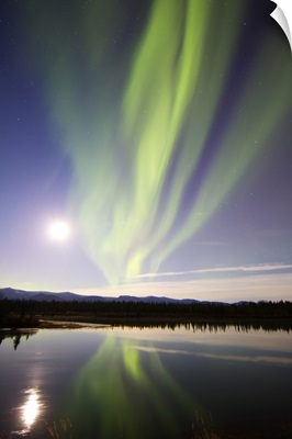 Aurora borealis and Full Moon over the Yukon River, Canada