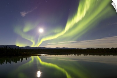 Aurora borealis and Full Moon over the Yukon River, Canada