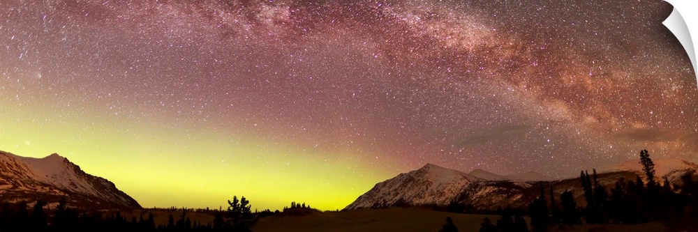 Aurora borealis, Comet Panstarrs and Milky Way over Carcross Desert, Carcross, Yukon, Canada.