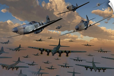B-17 Flying Fortress bombers and P-51 Mustangs in flight