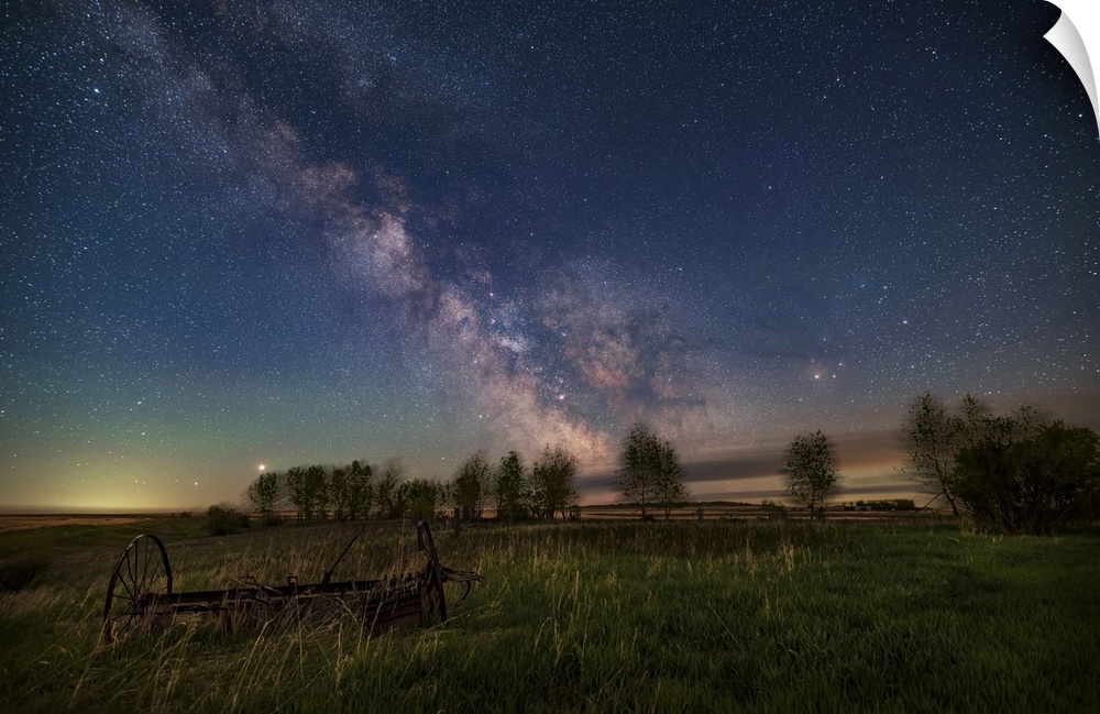 The late-night spring Milky Way from a rural backyard in Alberta, Canada, with the waxing moon just setting and lighting t...