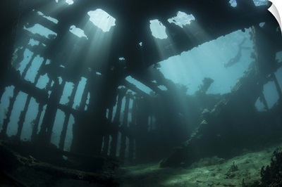 Bright sunlight pierces a shallow World War II shipwreck