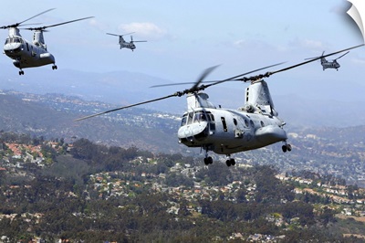 CH-46E Sea Knight helicopters fly over San Diego, California
