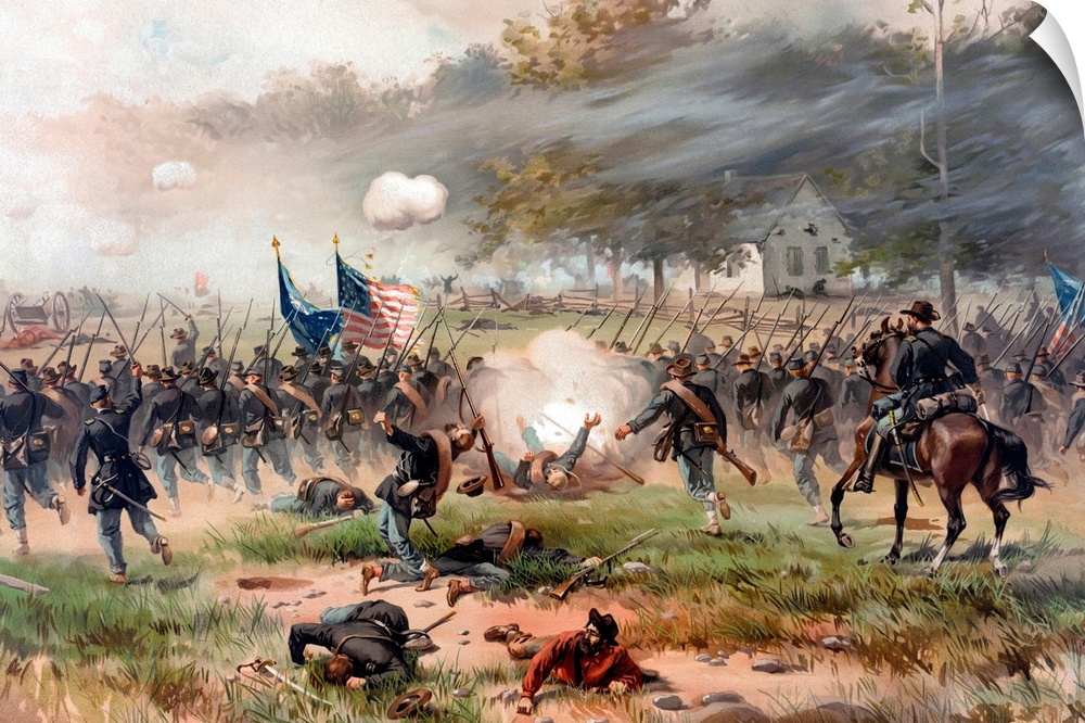 Vintage Civil War painting of Union and Confederate troops fighting at The Battle of Antietam, also known as the Battle of...