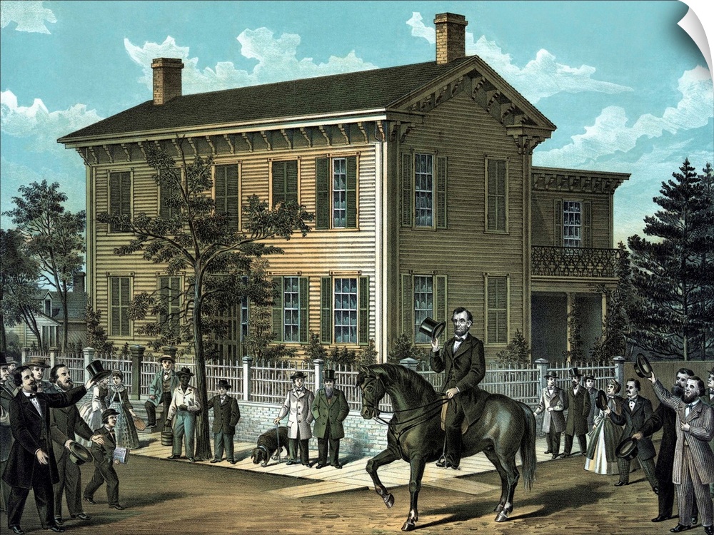 Civil War print of Abraham Lincoln riding on horseback as a crowd cheers.