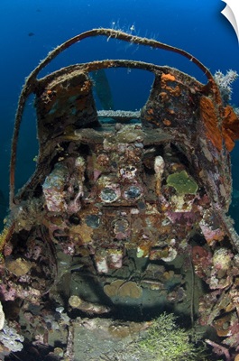 Cockpit of a Mitsubishi Zero fighter plane wreck underwater