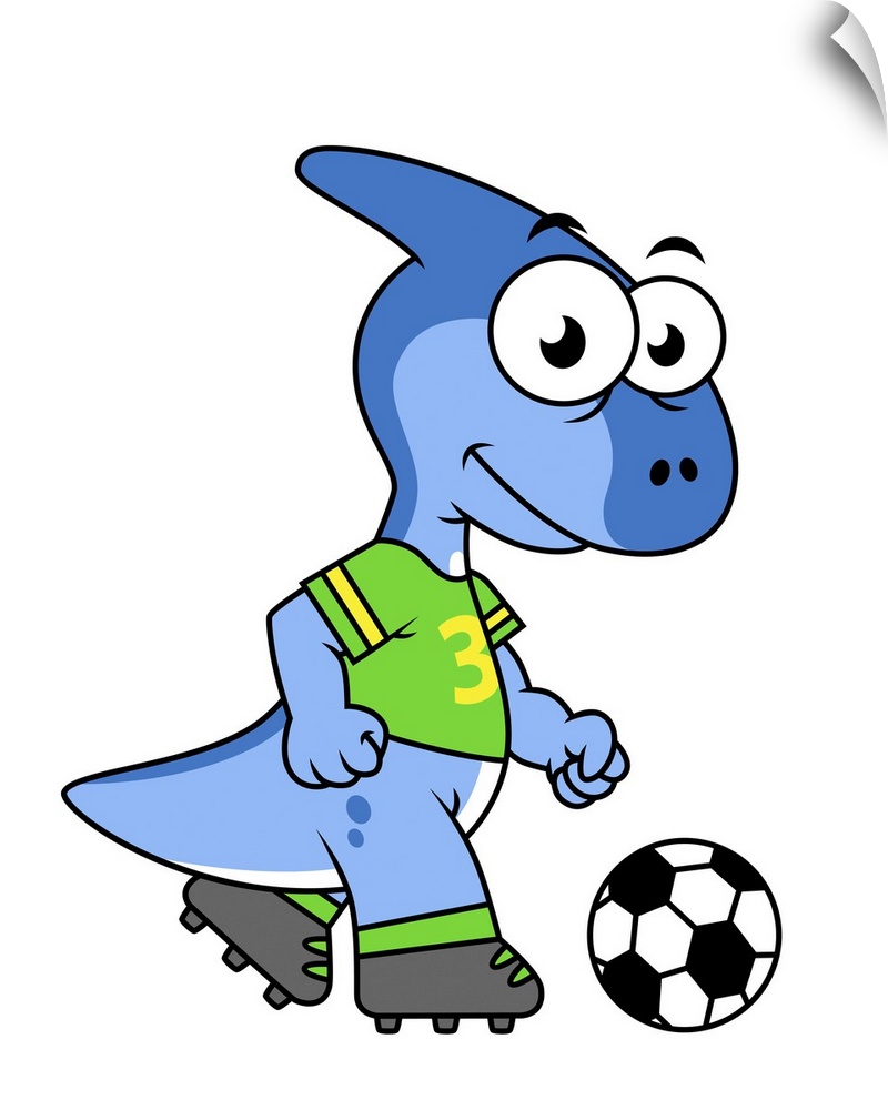 Cute illustration of a Parasaurolophus playing soccer.