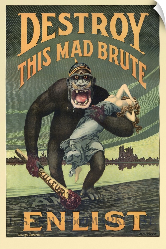 Vintage World War I recruiting poster featuring a giant gorilla wearing a helmet labeled Militarism, holding a blood stain...
