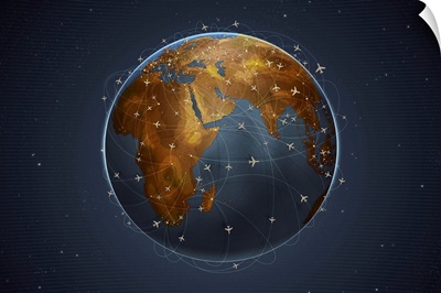 Digitally generated image of airline flight paths around the globe