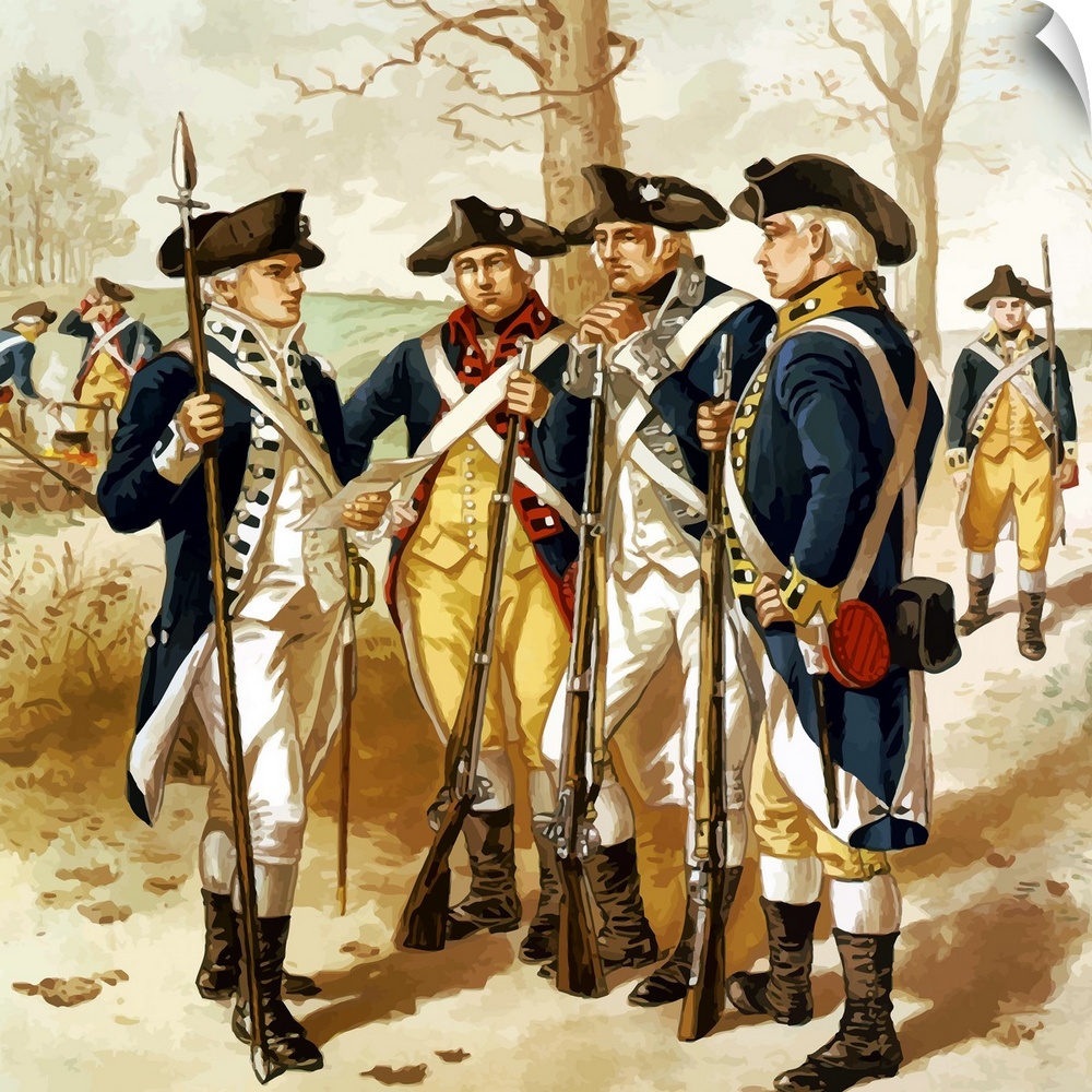 Digitally restored vector painting of soldiers of the Continental Army, also known as Minutemen, during the Revolutionary ...