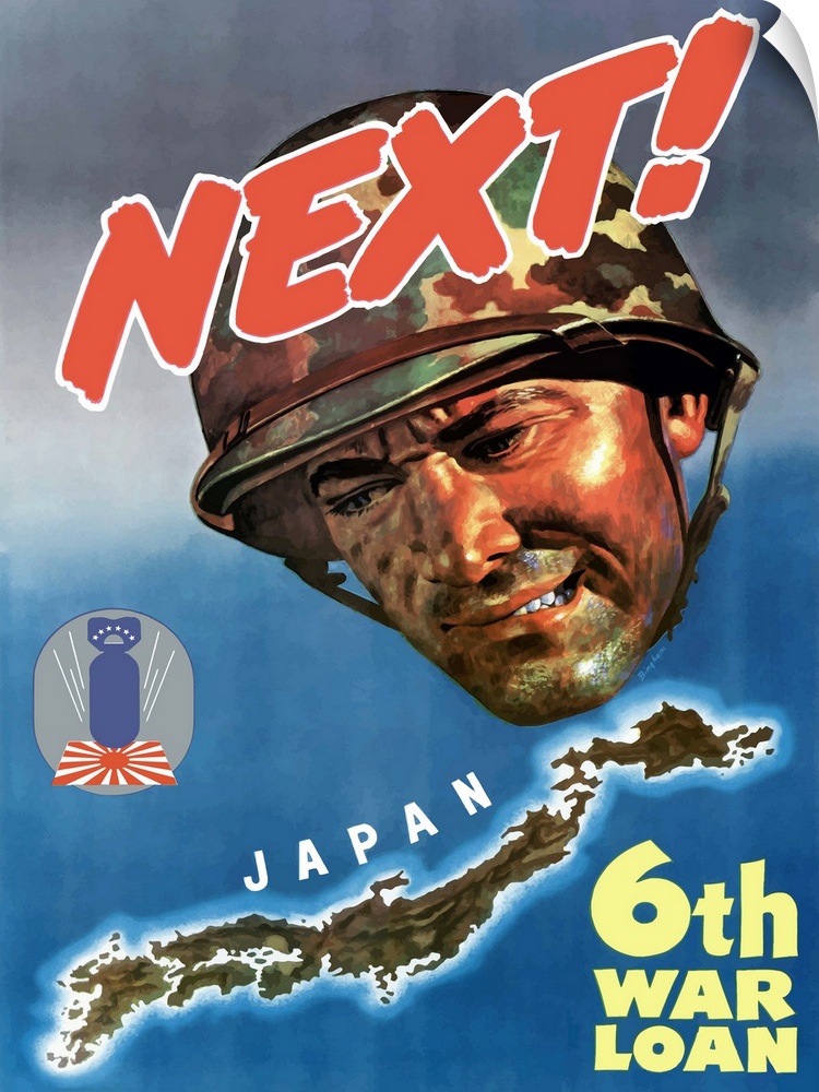 Digitally restored vector war propaganda poster. This vintage World War II poster features the head of an American soldier...