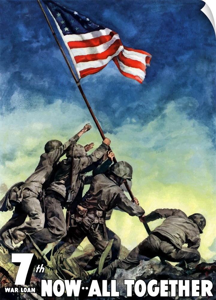 This vertical poster of vintage wall art created to inspire patriotism and war bond sales features a painting of the famou...