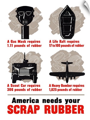 Digitally restored vector war propaganda poster. America needs your scrap rubber
