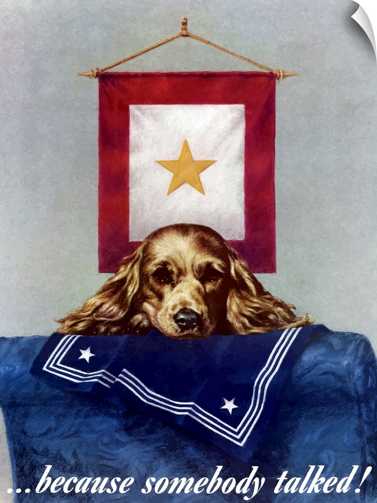 Digitally restored vector war propaganda poster. This vintage World War Two poster features a gold star banner hanging on ...