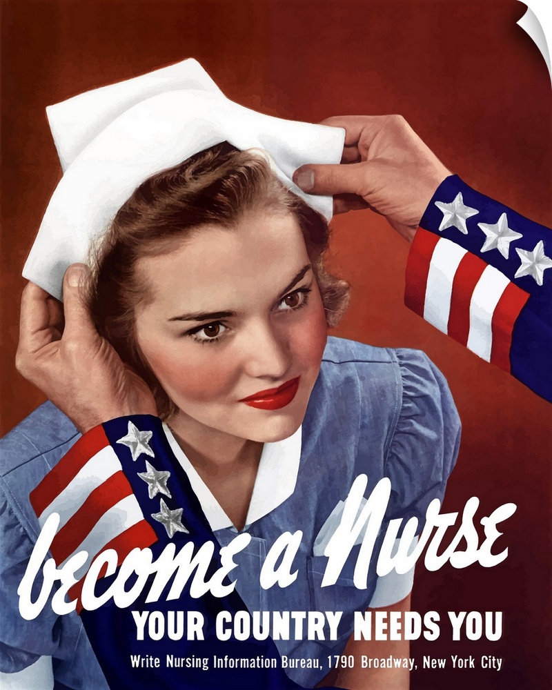 A vintage World War Two poster featuring Uncle Sam placing a hat on a smiling nurse.