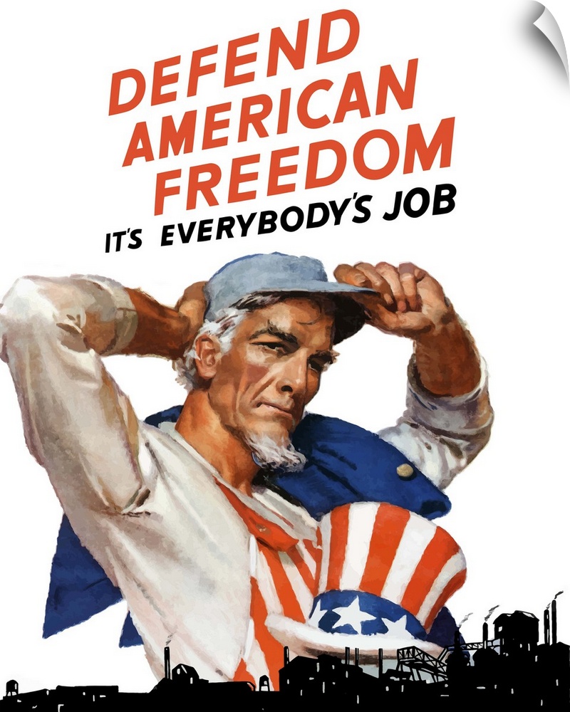 Digitally restored vector war propaganda poster. This vintage World War Two poster features Uncle Sam changing out of his ...