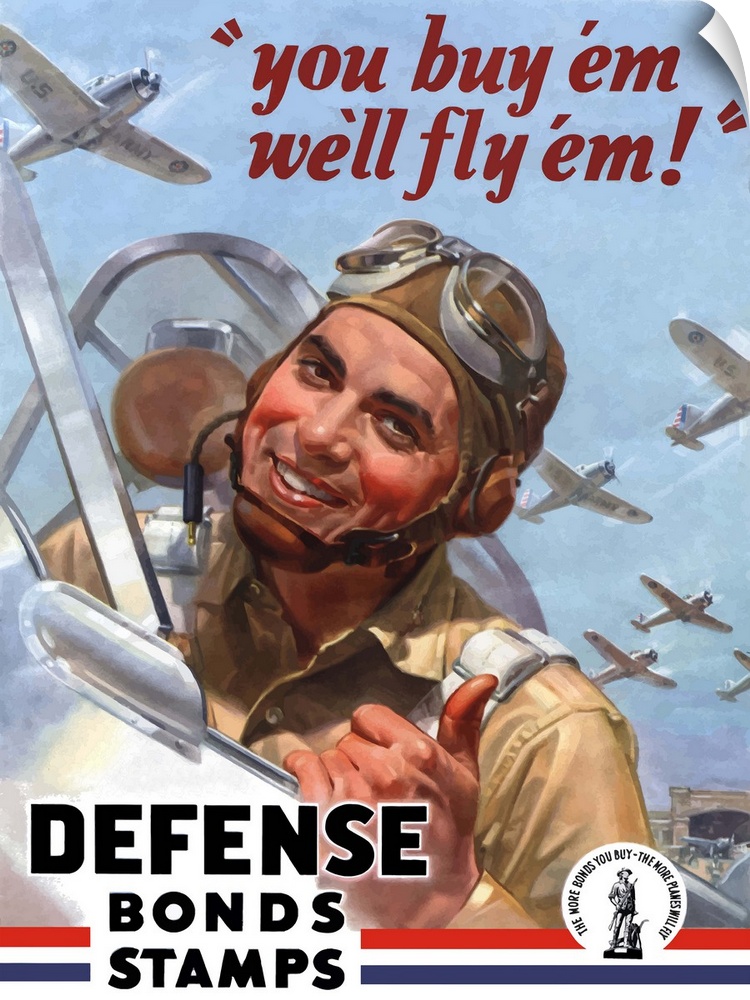 Digitally restored vector war propaganda poster. This vintage World War Two poster features an American fighter pilot, giv...