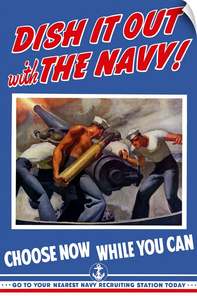Digitally restored vector war propaganda poster. This vintage Navy World War Two poster features three American Sailors lo...