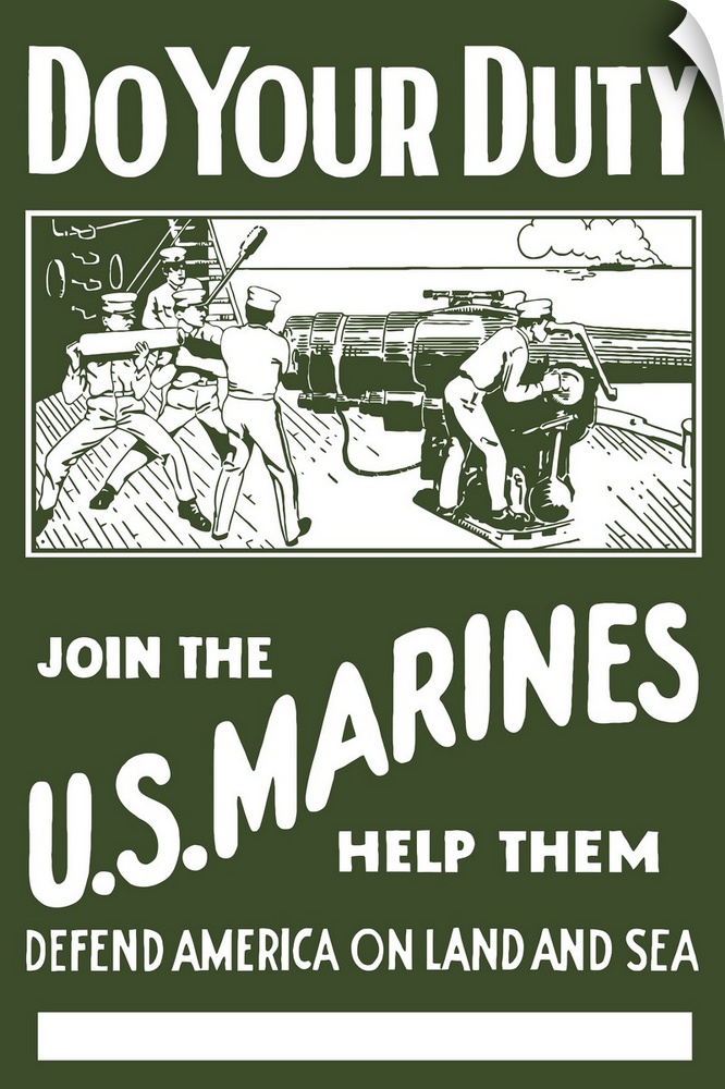 Digitally restored vector war propaganda poster. This vintage World War II poster features Marines loading a cannon aboard...