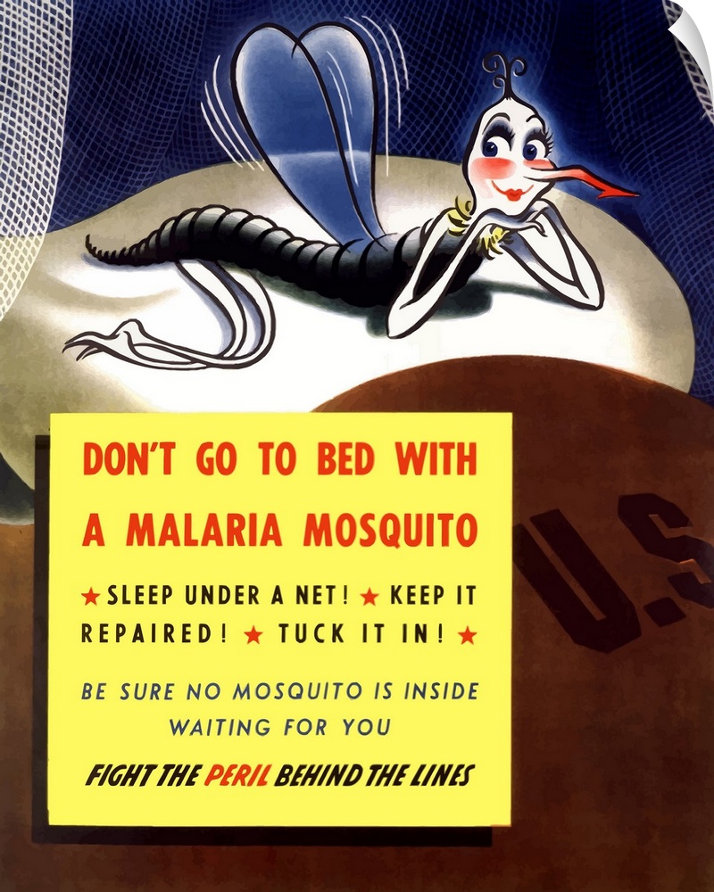 Digitally restored vector war propaganda poster. This vintage World War Two poster features a giant cartoon mosquito in th...