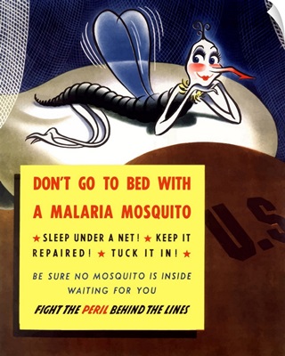 Digitally restored vector war propaganda poster. Don't Go To Bed With A Malaria Mosquito