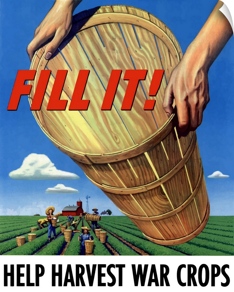 Digitally restored vector war propaganda poster. This vintage World War Two product features workers harvesting crops in a...