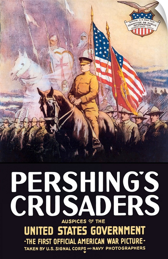 Digitally restored vector war propaganda poster. This vintage World War One poster features General John Pershing on horse...