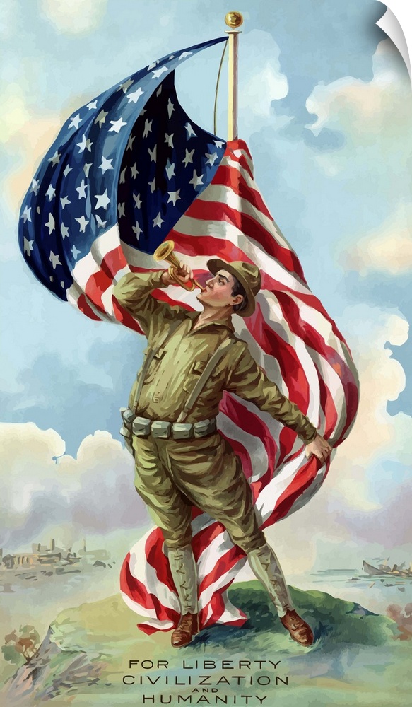 Digitally restored vector war propaganda poster. This vintage World War One poster features a U.S. soldier blowing a bugle...