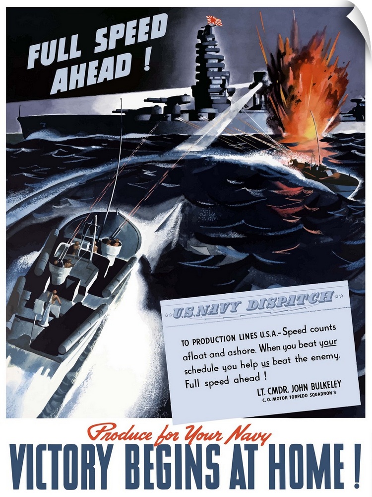 Digitally restored vector war propaganda poster. This vintage World War Two poster features American PT boats attacking a ...