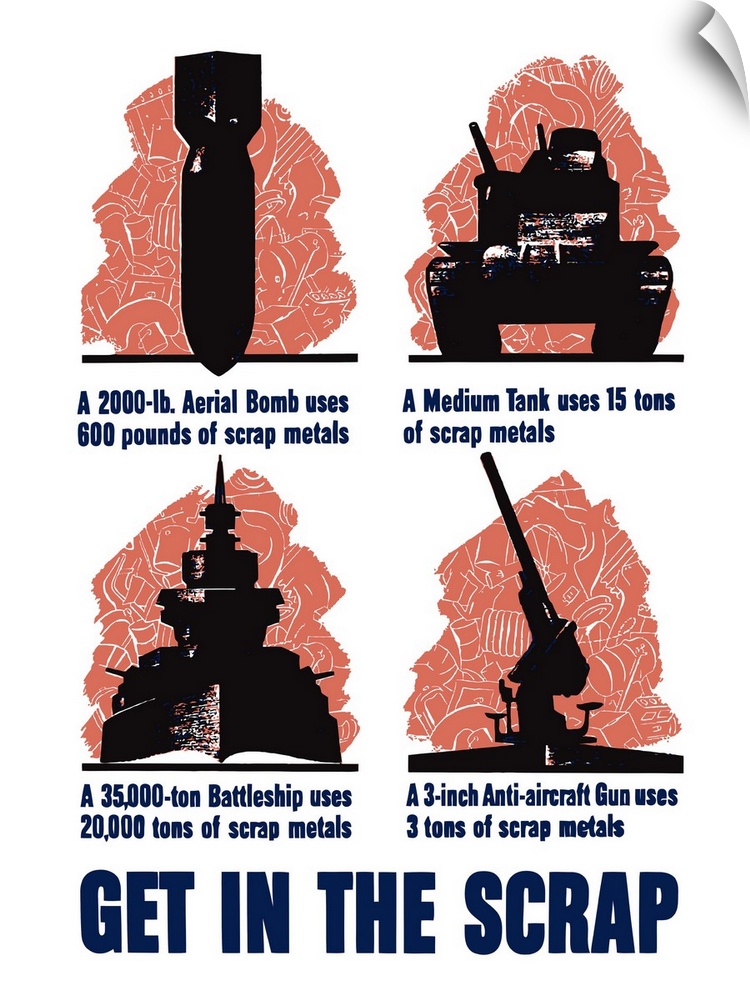 Digitally restored vector war propaganda poster. This vintage World War Two poster features a bomb, a tank, a battleship, ...
