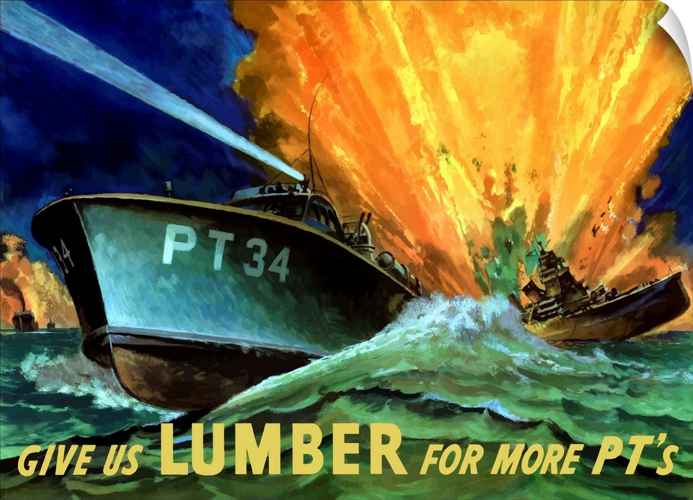 Digitally restored vector war propaganda poster. This vintage World War Two poster features an American PT boat destroying...