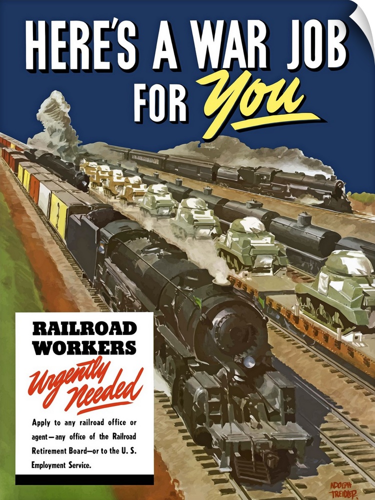 Digitally restored vector war propaganda poster. This vintage World War II poster features trains speeding their cargo dow...