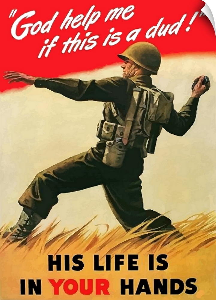 Digitally restored vector war propaganda poster. This vintage war poster features an American Soldier tossing a grenade at...