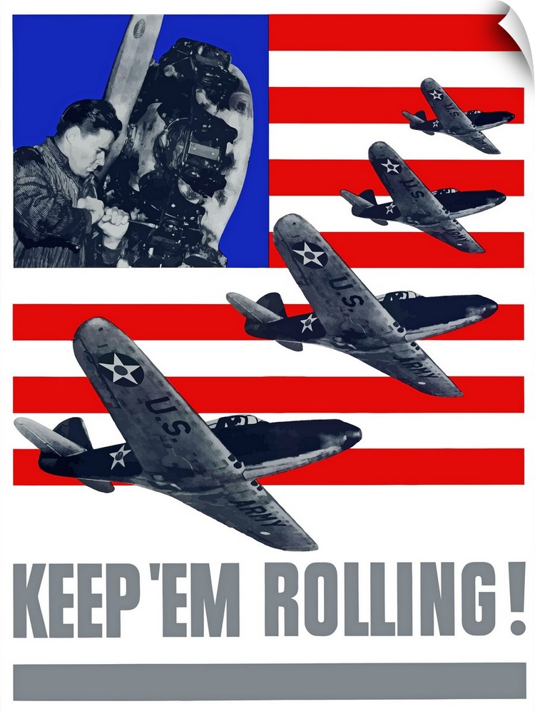 Digitally restored vector war propaganda poster. This vintage World War II poster features a red, white, and blue theme, a...