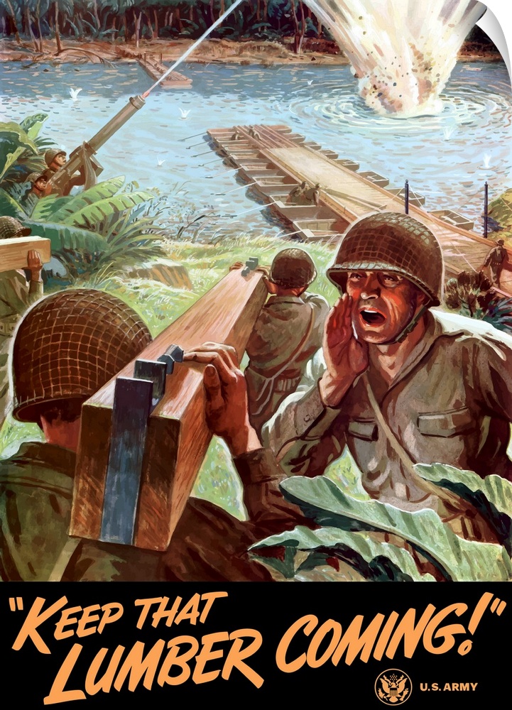 Digitally restored vector war propaganda poster. This vintage World War II poster features Army Engineers being fired at a...