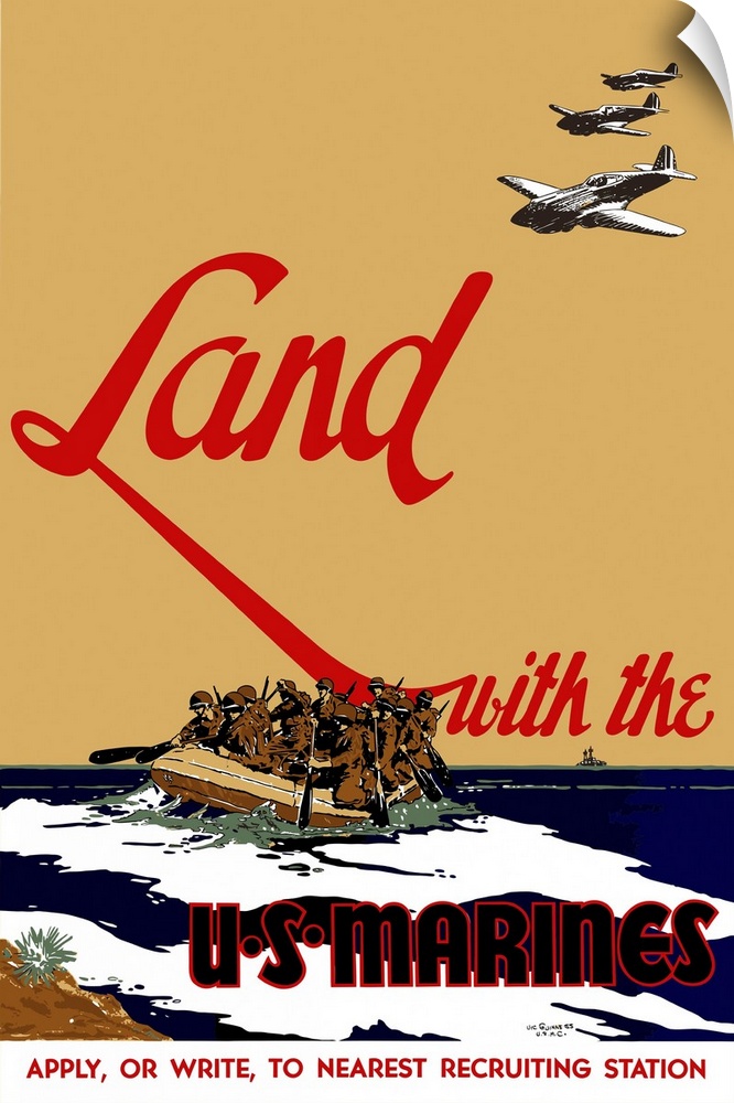 Digitally restored vector war propaganda poster. This vintage World War II poster features US Marines landing on a beach w...