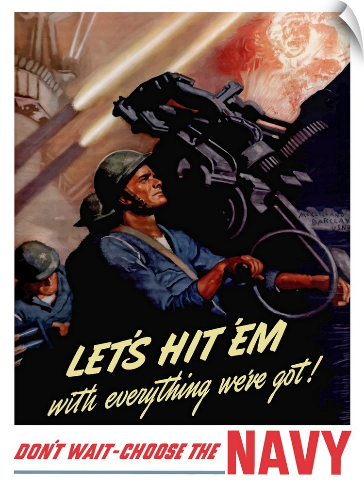 Digitally restored vector war propaganda poster. This vintage World War II poster features sailors firing anti-aircraft gu...