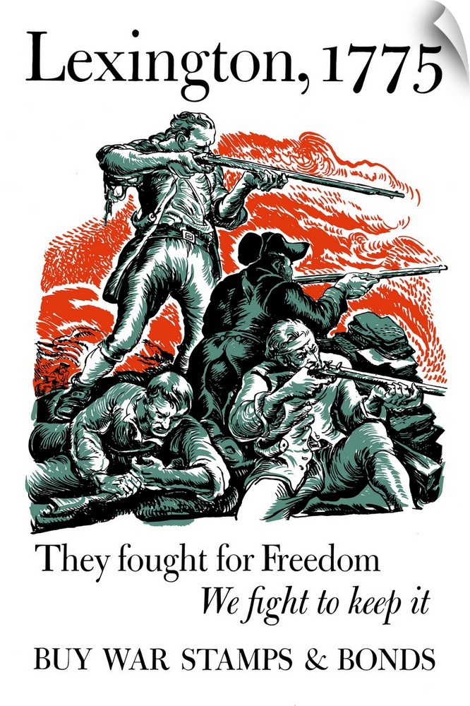 Digitally restored vector war propaganda poster. This vintage World War II poster features American Minutemen firing their...