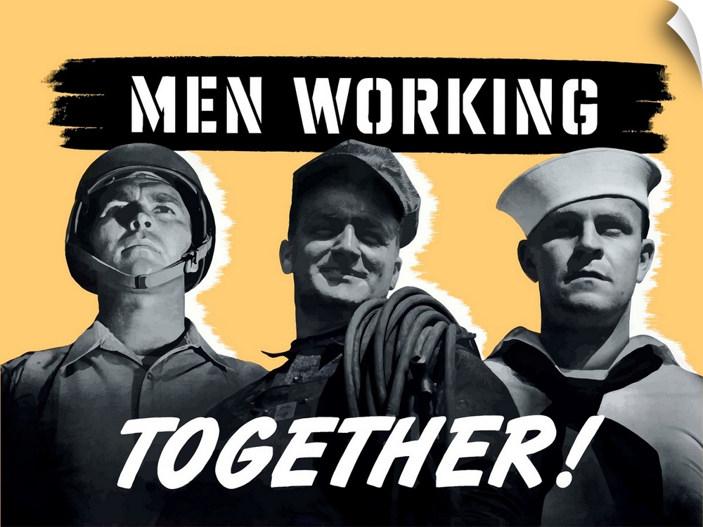 Digitally restored vector war propaganda poster. This vintage World War II poster features a U.S. soldier, a factory worke...