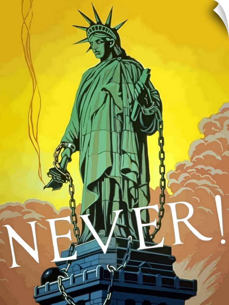 Digitally restored vector war propaganda poster. This vintage World War Two poster features the Statue of Liberty with her...
