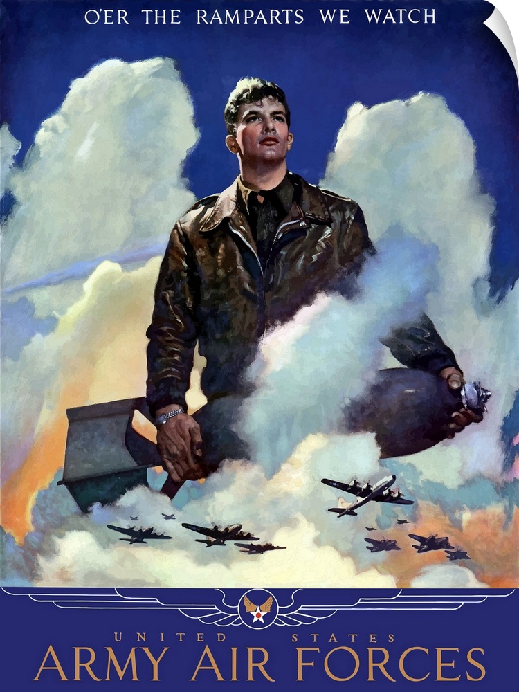 A vintage World War Two poster on canvas featuring an American Air Force Pilot staring into the clouds as bombers fly off ...