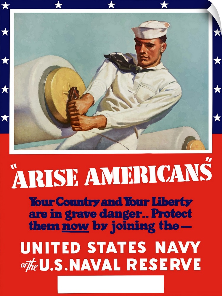 Digitally restored vector war propaganda poster. This vintage World War Two poster features a United States Sailor arming ...
