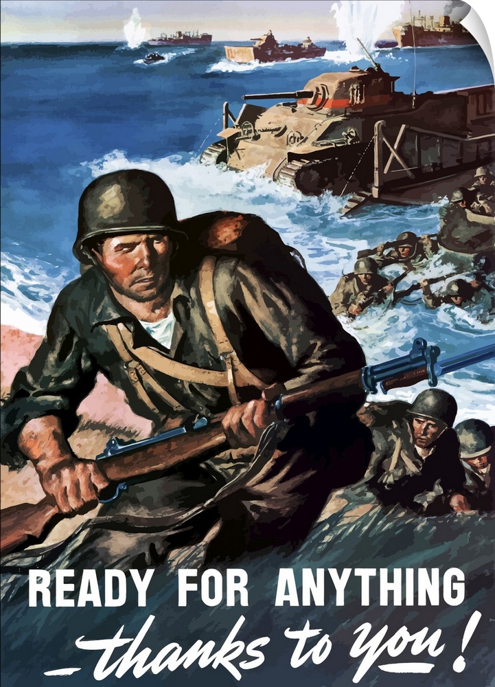 Digitally restored vector war propaganda poster. This vintage World War II poster features American soldiers and tanks sto...