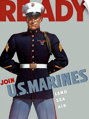 Digitally restored vector war propaganda poster. Ready, Join U.S. Marines, Land Sea Air