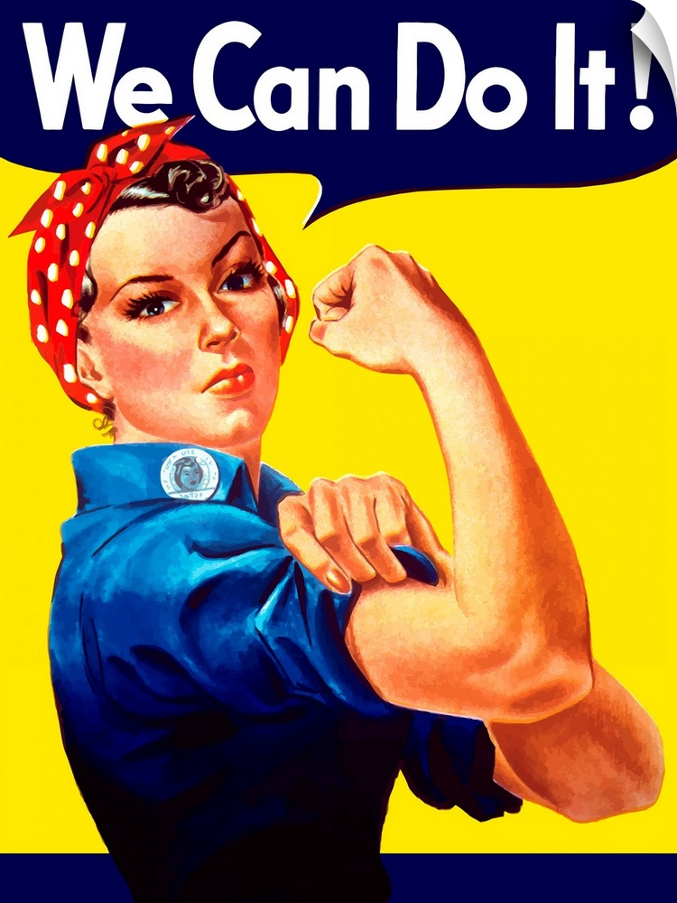 Digitally restored vector war propaganda poster. Rosie The Riveter vintage war poster from World War Two. Rosie flexes her...
